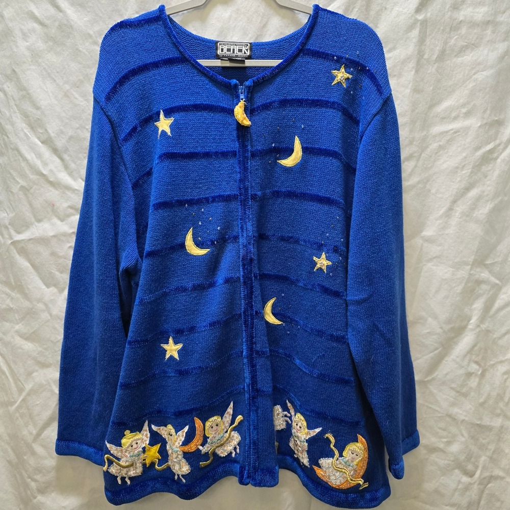 Vintage BEREK By TARAKAYAN Women's Blue Moon Star Angel Embroidered Cardigan 3X